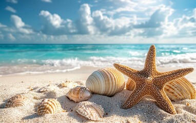 Seashells and Starfish on Sandy Beach