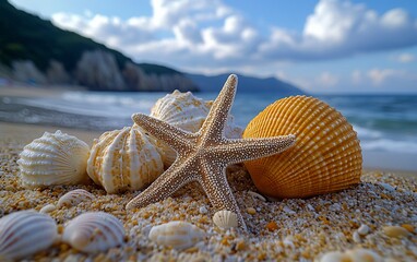 Seashells and starfish on sandy beach