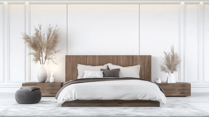 This elegant and serene bedroom design showcases a modern minimalist aesthetic with carefully curated furnishings and neutral decor elements that create a tranquil and comfortable living space