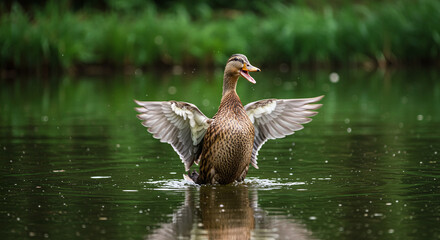 Fototapeta premium Duck spreading wings in a serene pond 