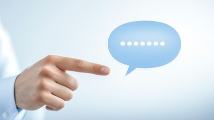 Person pointing towards a speech bubble, visual representation of conversation and communication