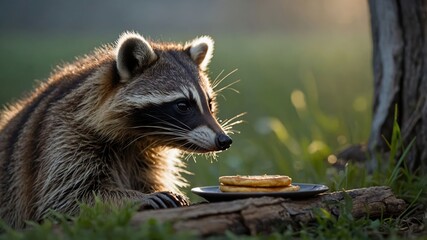 Fototapeta premium A raccoon curiously examines a plate of food in a natural setting.