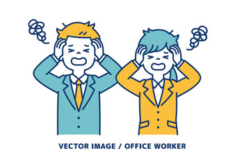 頭を抱えてパニックになる、男女の会社員のシンプルなベクターイラスト素材＿線の編集可能