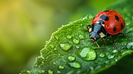 Obraz premium Ladybug on a leaf with water droplets in close up view