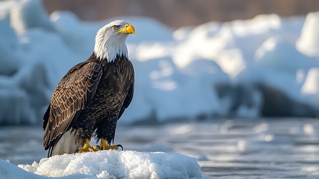 Majestic bald eagle perched on frozen river