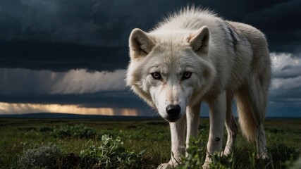 Obraz premium A majestic white wolf stands against a dramatic stormy sky, evoking a sense of wilderness.