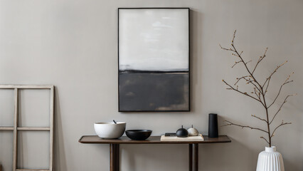 Mock up canvas picture wall artwork frame copy blank paste text console table plants