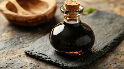 A small glass bottle filled with dark liquid on stone