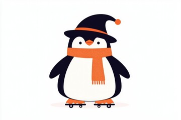 Fototapeta premium Cute penguin wearing a hat and scarf on roller skates