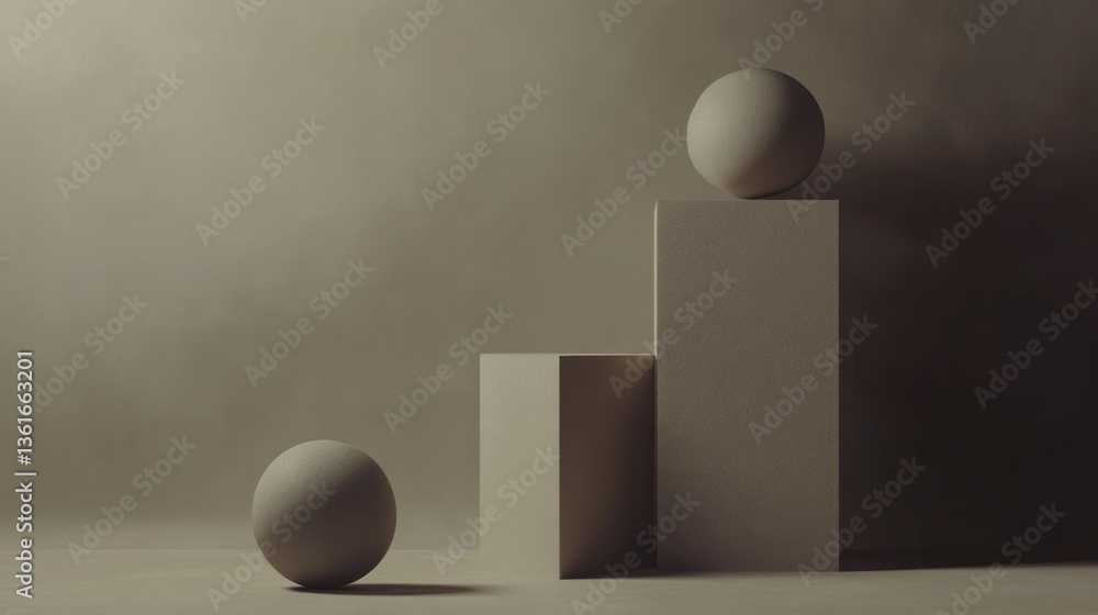 Aufkleber two spheres rest on minimalist beige cubes against a muted background.