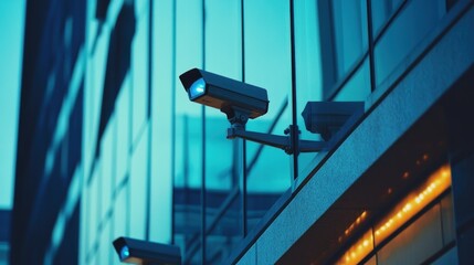 Two security cameras mounted on a modern building at dusk.