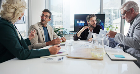 Collaboration, group and meeting in boardroom, conversation and negotiation for global trade in business. Teamwork, colleagues and people with documents for international investment, trader and ideas