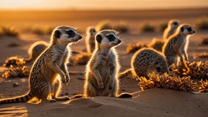 A group of meerkats stands in the desert at sunset, showcasing their natural behavior.