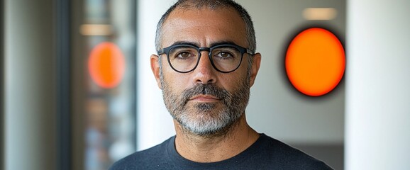 Serious Man In Glasses, Modern Interior, Orange Circle Background