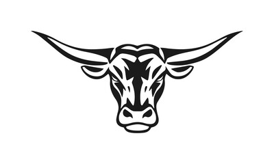 A bull logo with powerful horns. Aggressive and dynamic style symbolizing strength, courage and fortitude. Bull logo, animal head, horned beast, strong symbol
