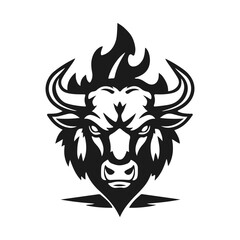 A bull logo with powerful horns. Aggressive and dynamic style symbolizing strength, courage and fortitude. Bull logo, animal head, horned beast, strong symbol