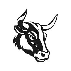 A bull logo with powerful horns. Aggressive and dynamic style symbolizing strength, courage and fortitude. Bull logo, animal head, horned beast, strong symbol