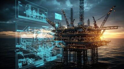 Offshore oil and gas platform operating at sunset with detailed digital schematics and blueprints displayed highlighting advanced energy industry technology and engineering