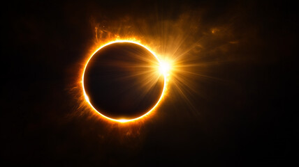 Solar eclipse with glowing corona and bright sun rays in the dark sky