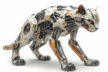 A futuristic robotic cat with metallic features, poised in a sleek position against a minimalist background
