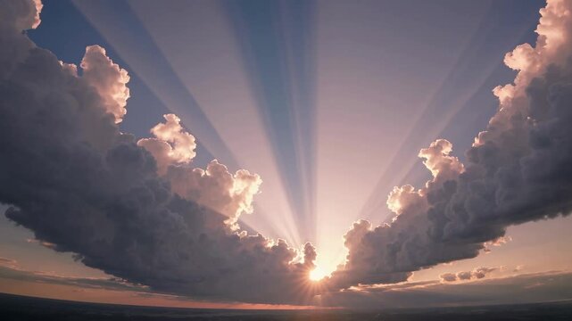 Aerial video captures dramatic sun rays breaking through clouds at sunset, creating a breathtaking, expansive sky view from a low angle. Live desktop wallpaper.