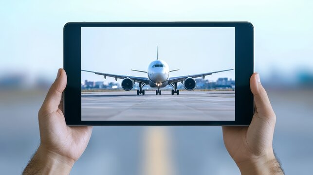 Person holds tablet displaying airplane, exploring digital travel planning and booking