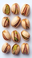 Shelled pistachios arranged on a white surface