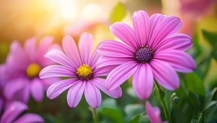 Obraz premium Beautiful purple flowers blooming in the garden, close-up, with sunlight and a soft-focus background.