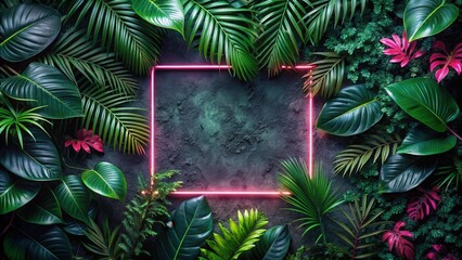 Luminous Pink Neon Frame Encircling Vibrant Tropical Foliage on Dark Textured Background