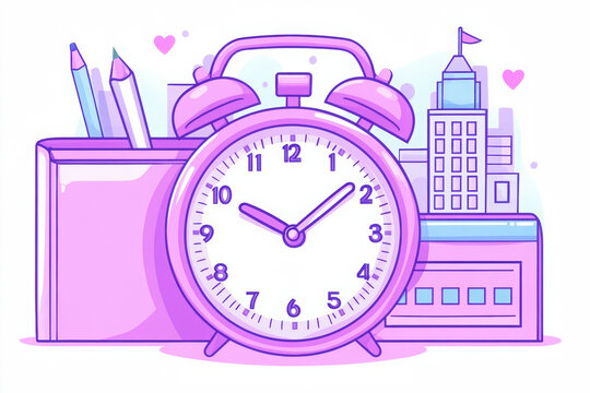 A colorful illustration featuring a pink alarm clock, pencils, and a city skyline, symbolizing time management and creativity.
