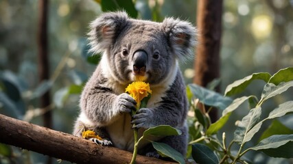 A koala sits on a branch, holding a yellow flower amidst lush greenery.