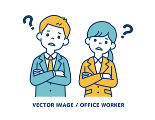 腕を組んで悩む、男女の会社員のシンプルなベクターイラスト素材＿線の編集可能