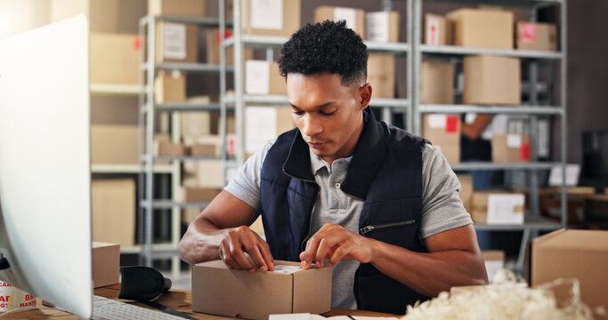 Man, label and box for warehouse distribution for packaging, inventory management and receipt. Person, computer and parcel with sticker for payment invoice, quality assurance and shipping information