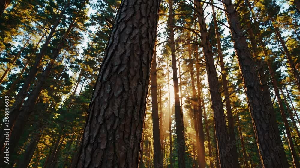 Poster sunlight filtering through forest trees creating mystical atmosphere