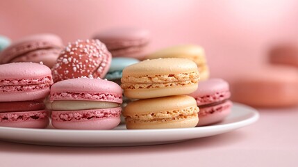 Fototapeta premium Delicious macarons display at a bakery sweet treats on a plate pink background gourmet dessert photography