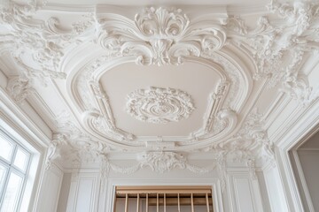 Obraz premium Ornate white ceiling with intricate plasterwork. historical interior decor