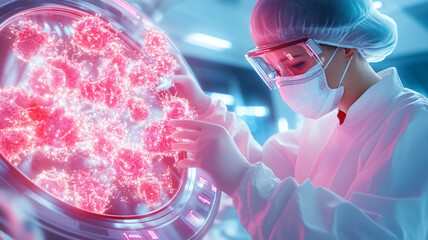 scientist laboratory is examining glowing pink cells through high tech microscope, showcasing advanced healthcare research and innovation. atmosphere is focused and intense, highlighting