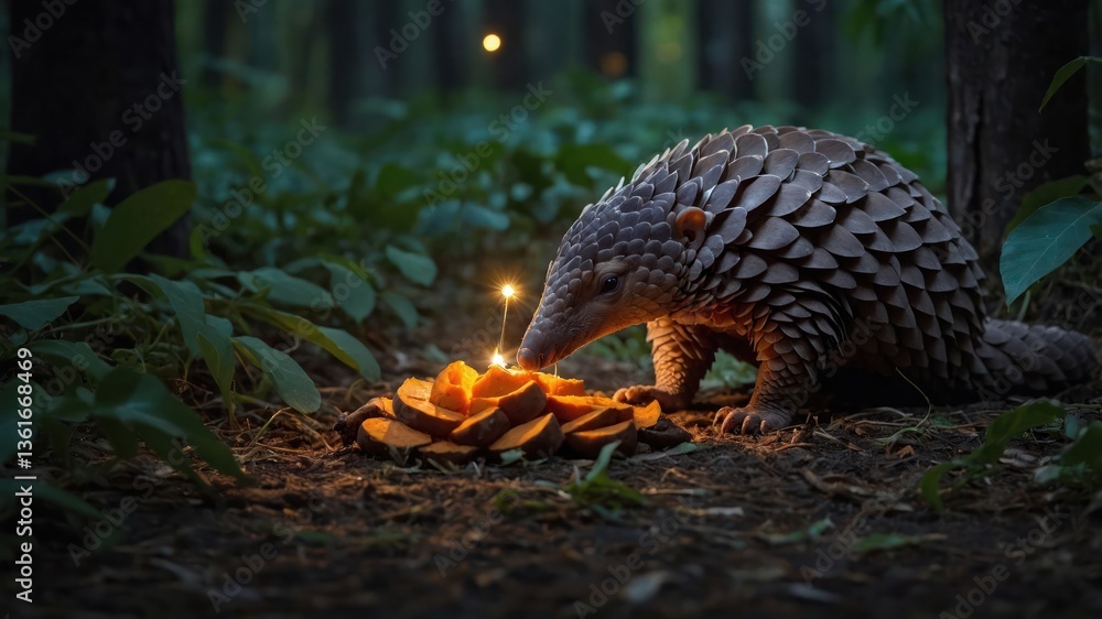 Poster a pangolin is curiously inspecting a pile of fruit slices with a candle in a forest setting.