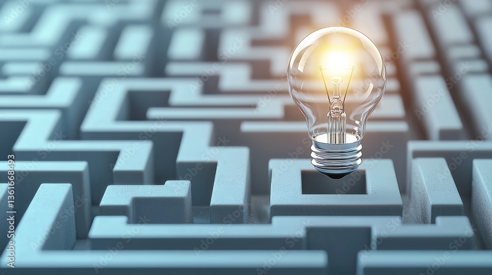 Poster navigating the complexities of an intricate maze a single luminous idea shines through illuminating 
