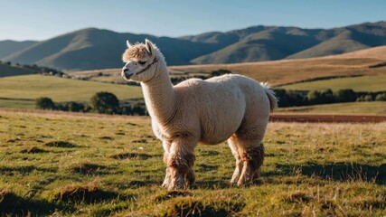Fototapeta premium A fluffy alpaca stands in a lush green field with mountains in the background.