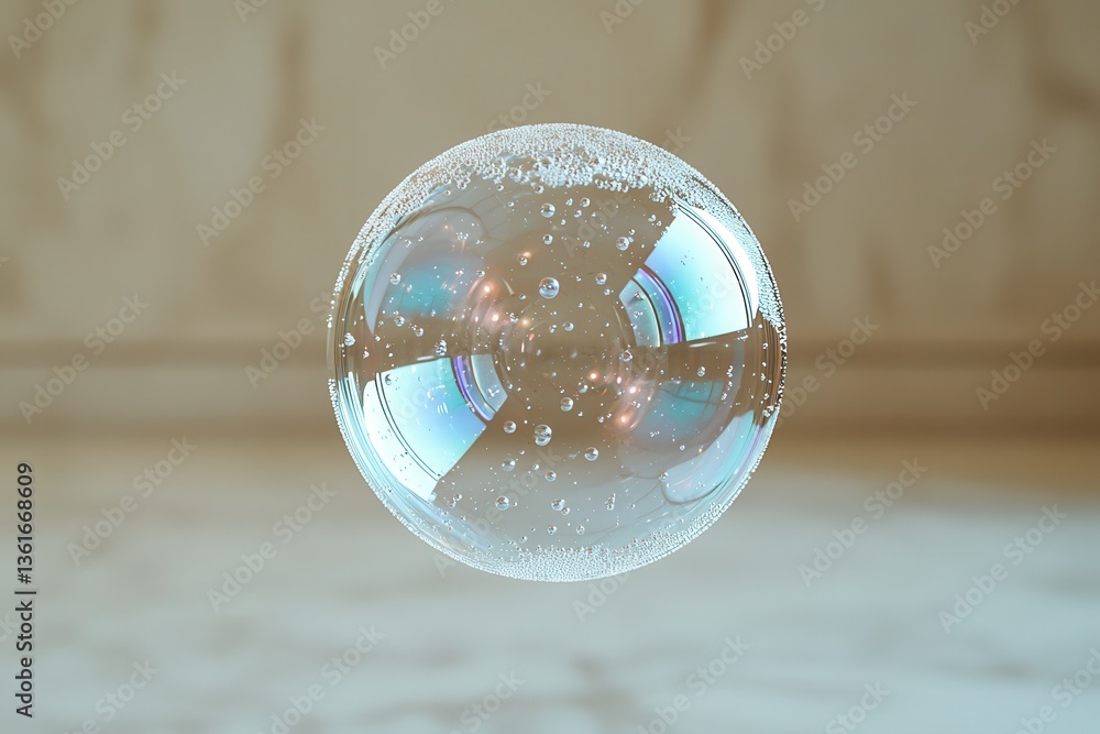 Poster floating soap bubble capturing light in an indoor space with a blurred background