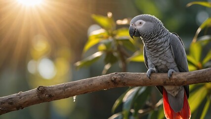 A grey parrot perched on a branch, illuminated by sunlight in a lush environment.