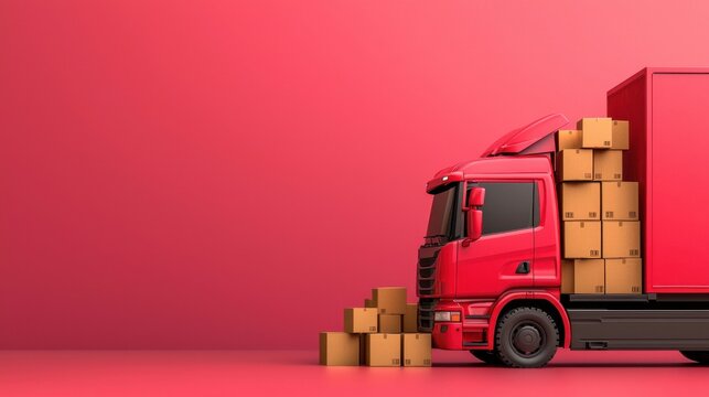 Red cargo truck carrying stacked cardboard boxes for efficient warehouse logistics freight transportation and timely product delivery services