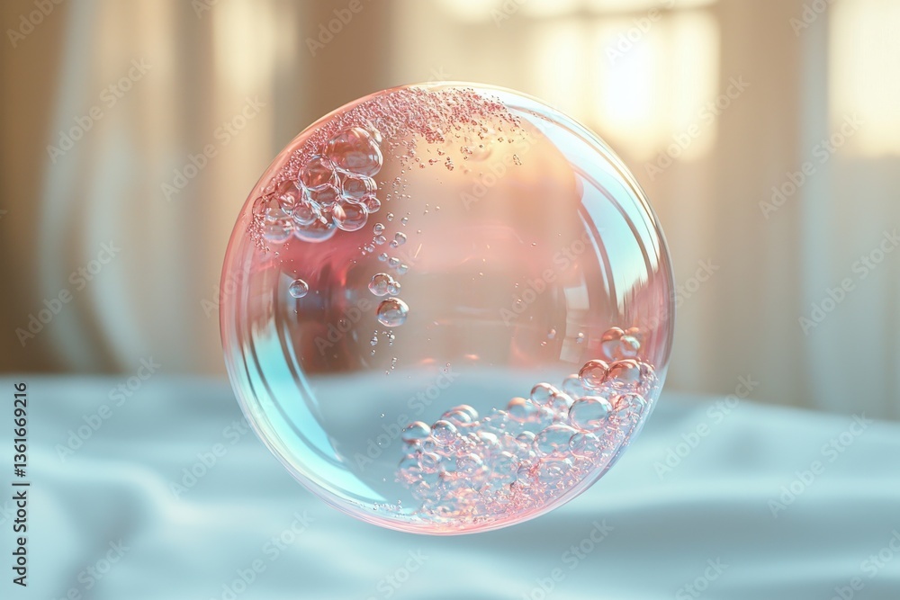 Poster colorful soap bubble floating in sunlight with delicate reflections and bubbles captured indoors