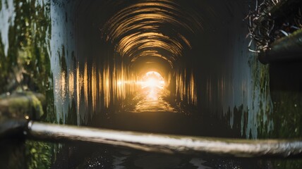 Sunlight illuminating water in a tunnel creates a stunning natural scene at sunset
