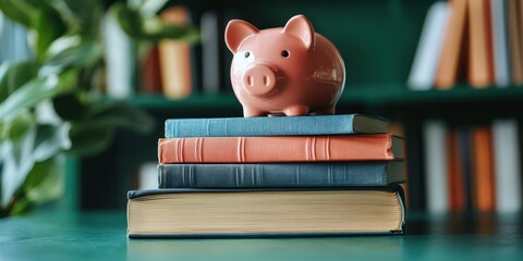 Saving money techniques for beginners displayed with a piggy bank on stacked books