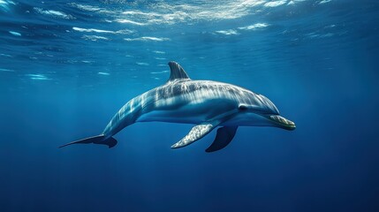 Fototapeta premium Dolphin breaks the surface in a tranquil, deep blue ocean. Bubbles dance around it, creating a serene underwater moment