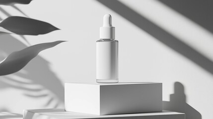A white dropper bottle of skin care serum product with a white background. The bottle stands alone on a white box and white surface with studio lighting, in a minimalist style. close-up the bottle.