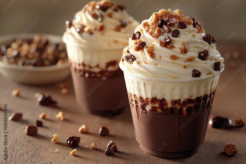 Poster delicious dessert featuring chocolate and cream topped with crunchy bits in a cozy setting