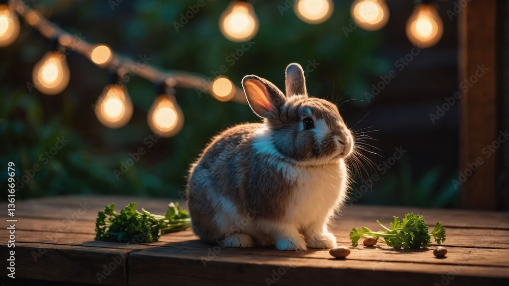 Aufkleber a rabbit sits on a wooden surface with greenery, illuminated by glowing string lights.